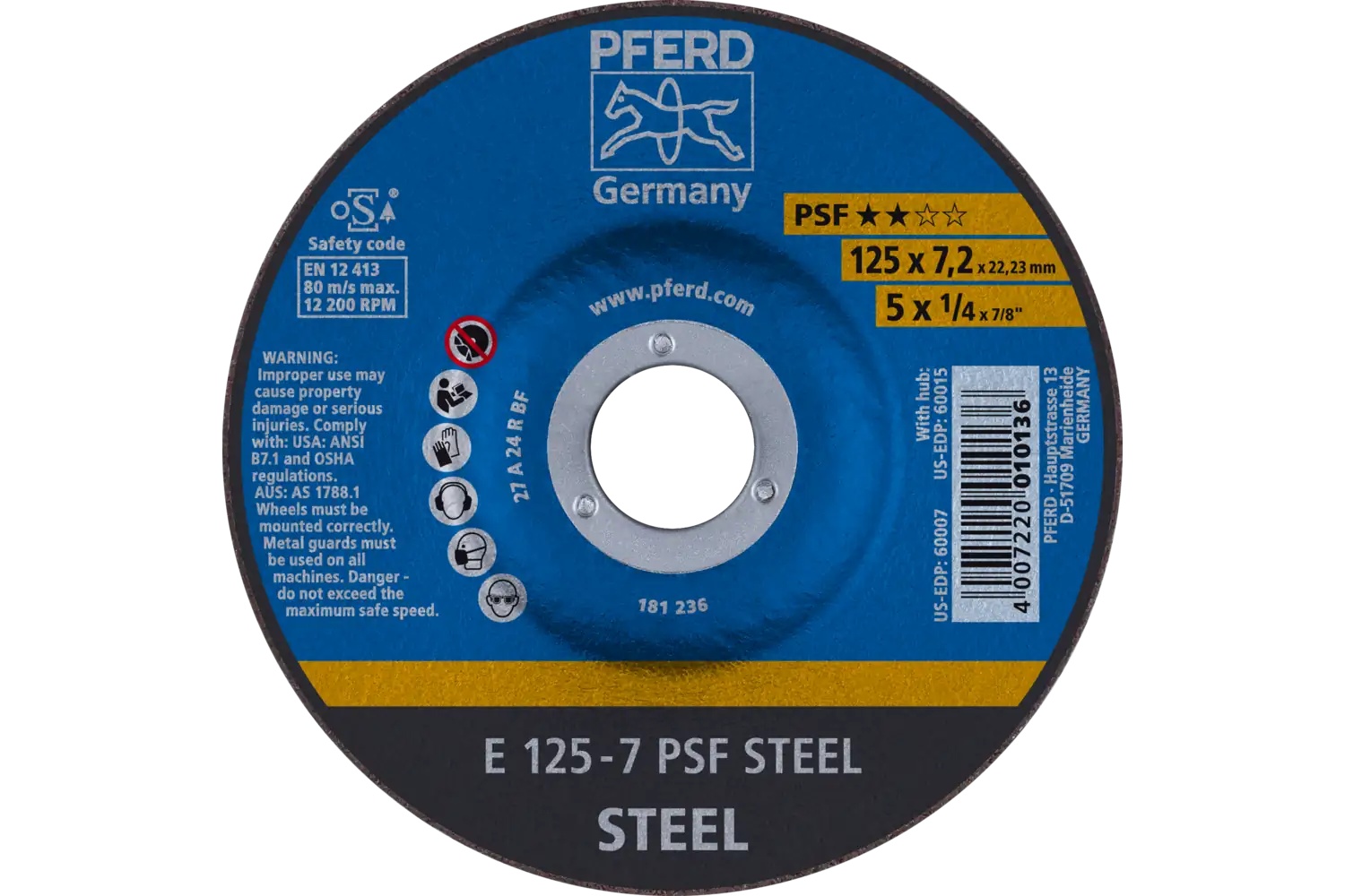 Picture of Pferd Grinding Wheel, 5" X 1/4 , 7/8 Psf Steel, T27, Aluminum Oxide